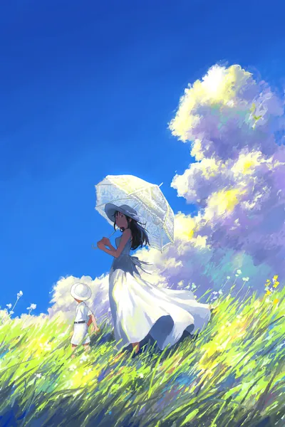 AI-generated anime art of a woman in a flowing white dress holding a lace parasol in a sunlit meadow.