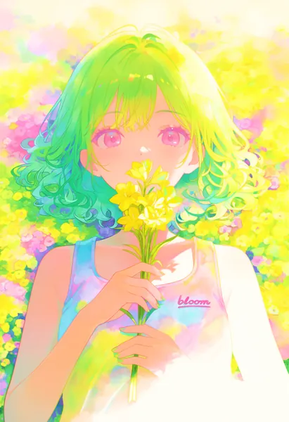 AI-generated watercolor-style anime portrait of a green-haired girl holding yellow blossoms.