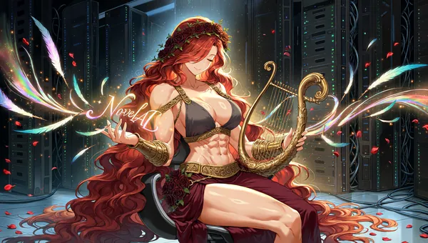 AI-generated fantasy artwork of a red-haired bard with golden harps in a dark hall.