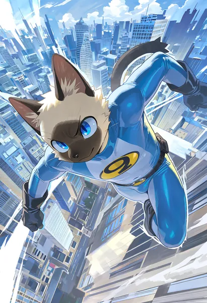 AI-generated artwork of a superhero cat in a blue suit leaping between skyscrapers.