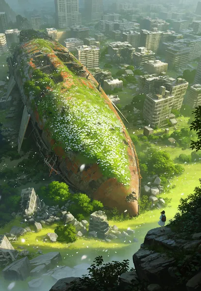 AI-generated anime landscape of a moss-covered shipwreck towering over ruined city streets.