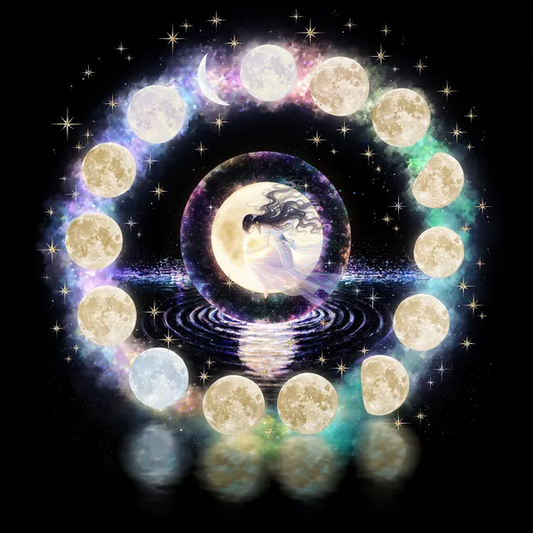 AI-generated artwork of glowing moon phases circling a dancing figure above rippling water.