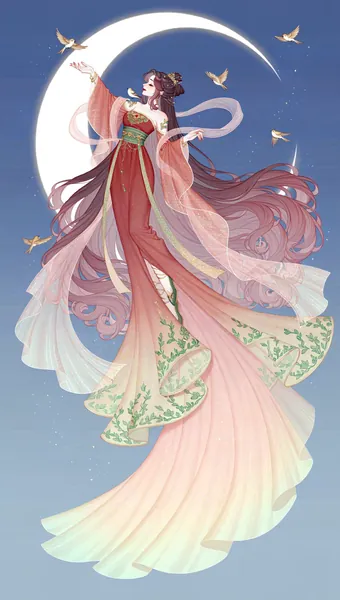 AI-generated artwork of a goddess in flowing robes dancing on a crescent moon.