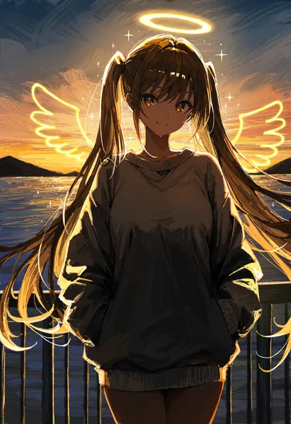 AI-generated anime art of a girl with a glowing halo and wings of light at sunset.