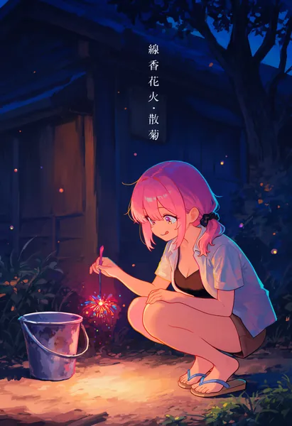 AI-generated anime art of a pink-haired girl crouching with a sparkler on a summer night.