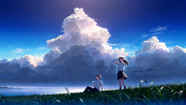 AI-generated anime scene of two students on a grassy hill beneath towering summer clouds.